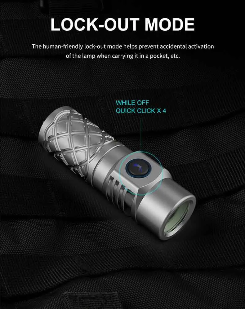 Lumintop Thor Mini 250 lumen 700 meters LEP Torch demonstrating the lock-out mode to prevent accidental activation.