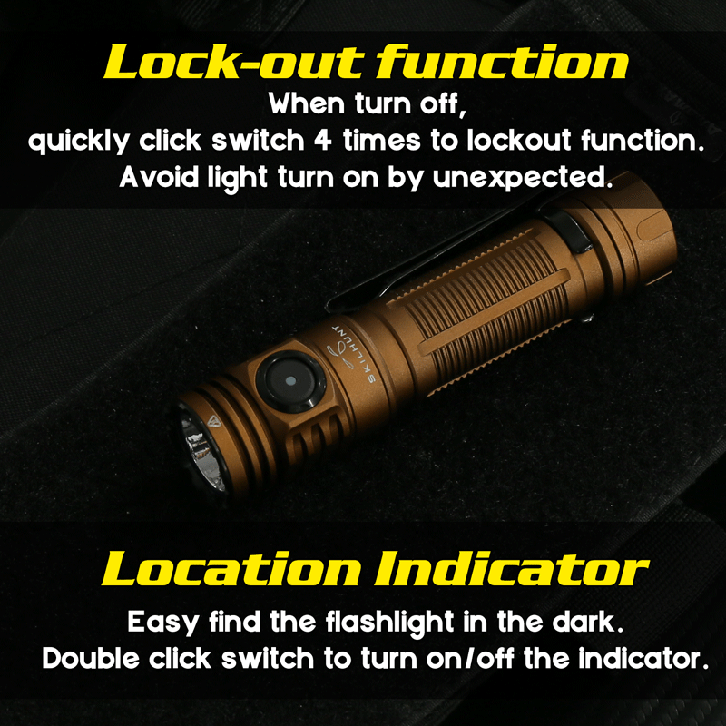 Skilhunt M200 flashlight demonstrating lockout function and location indicator for easy finding in dark.