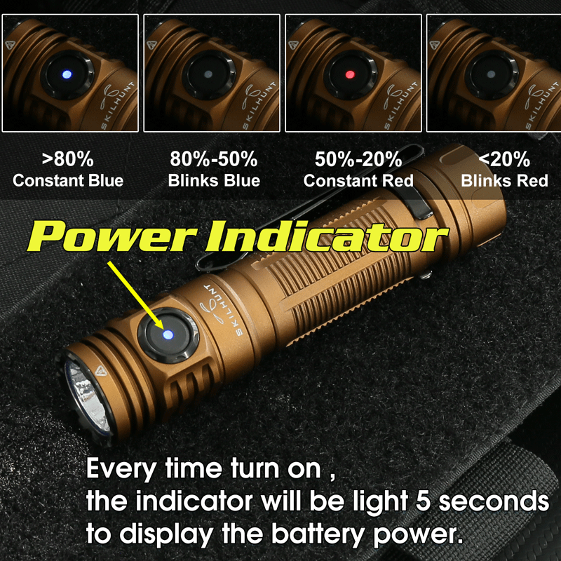 Skilhunt M200 flashlight power indicator showing blue and red lights for battery level status.