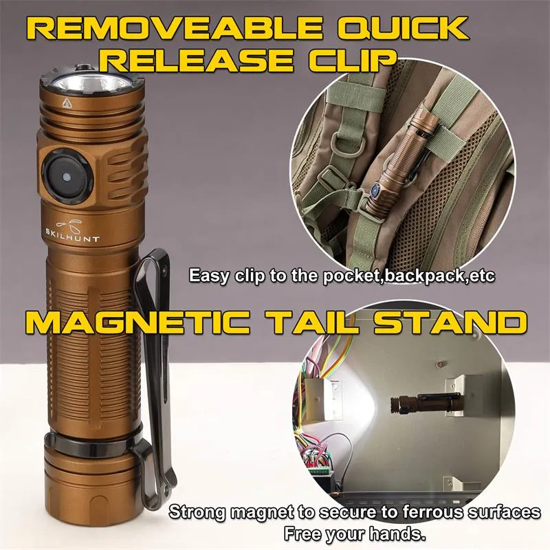 Skilhunt M200 flashlight with removable quick-release clip on backpack and magnetic tail stand on metal.
