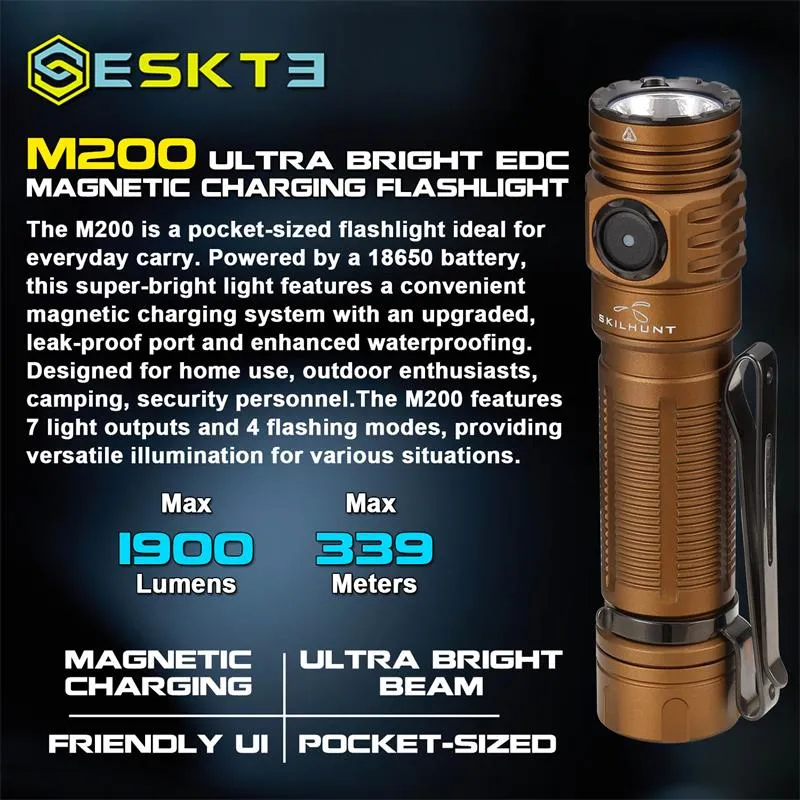 Skilhunt M200 ultra bright EDC magnetic charging flashlight with 1900 lumens and 339 meters beam.