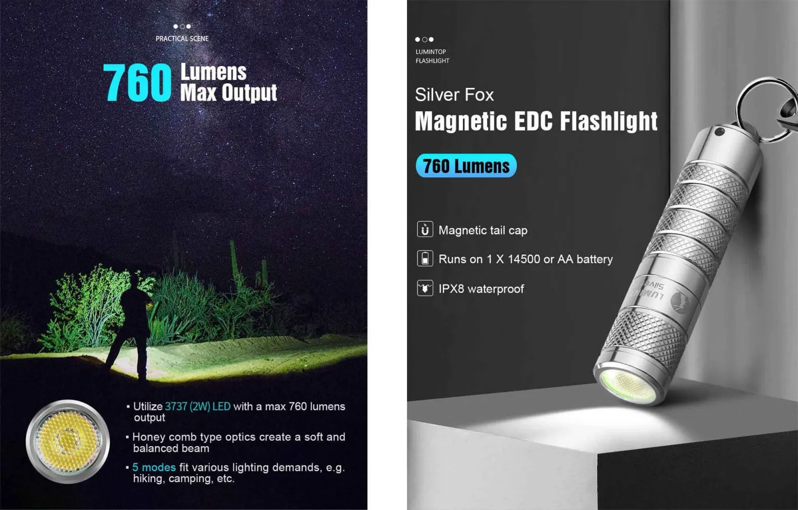 Silver Fox magnetic EDC flashlight with 760 lumens output, shown in use illuminating a desert path and with key features.