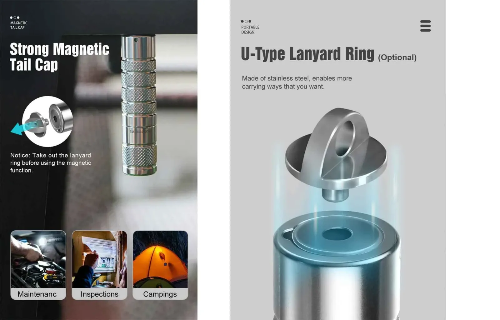 Silver Fox flashlight's strong magnetic tail cap holding it to a surface, and a detailed view of the optional U-type lanyard ring.