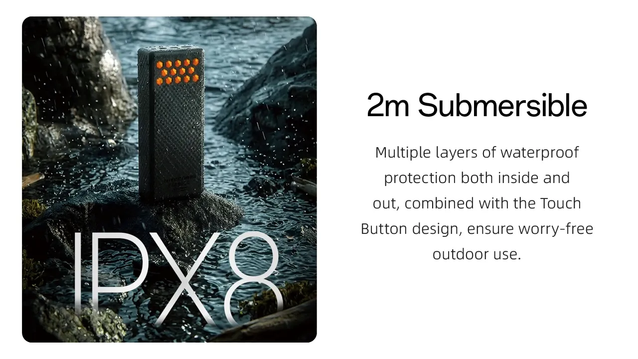 Nitecore CARBO 20 - 20000mAh Lightweight Fast-Charge Powerbank submerged in water, demonstrating IPX8 waterproof rating.