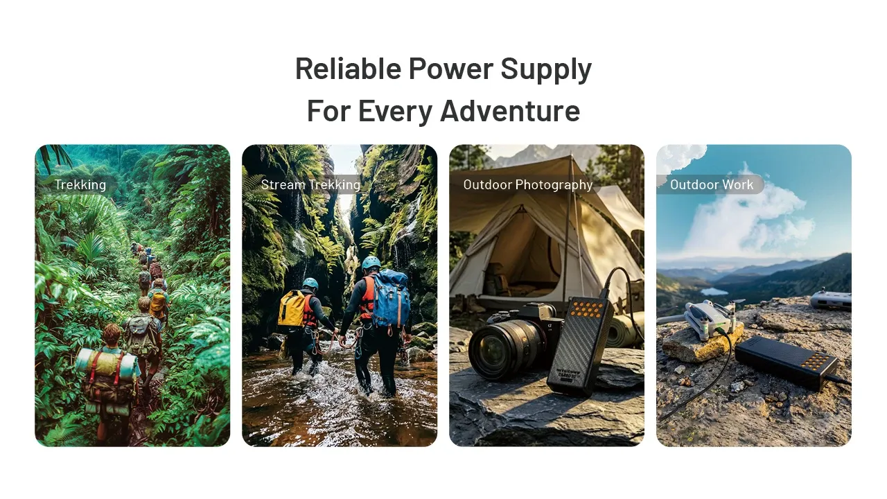 Nitecore CARBO 20 - 20000mAh Lightweight Fast-Charge Powerbank shown in various outdoor adventure scenarios.