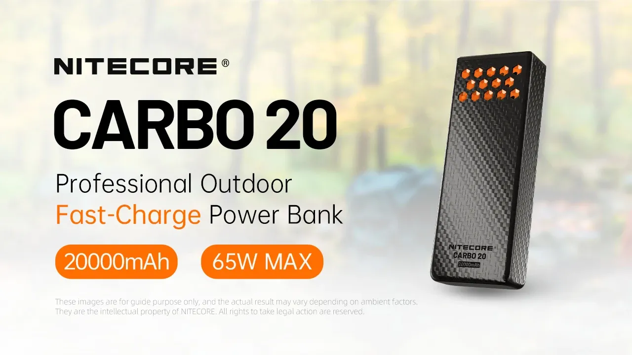 Nitecore CARBO 20 - 20000mAh Lightweight Fast-Charge Powerbank hero shot with key features.