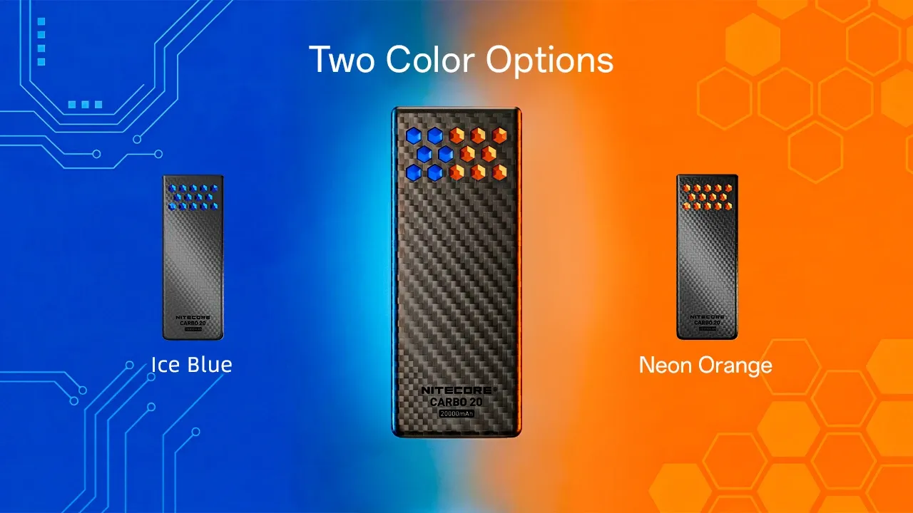 Nitecore CARBO 20 - 20000mAh Lightweight Fast-Charge Powerbank available in Ice Blue and Neon Orange color options.