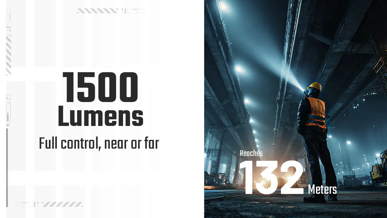 Person using Nitecore EDC07 flashlight in a large industrial space, demonstrating its 1500 lumens and 132 meters beam reach.