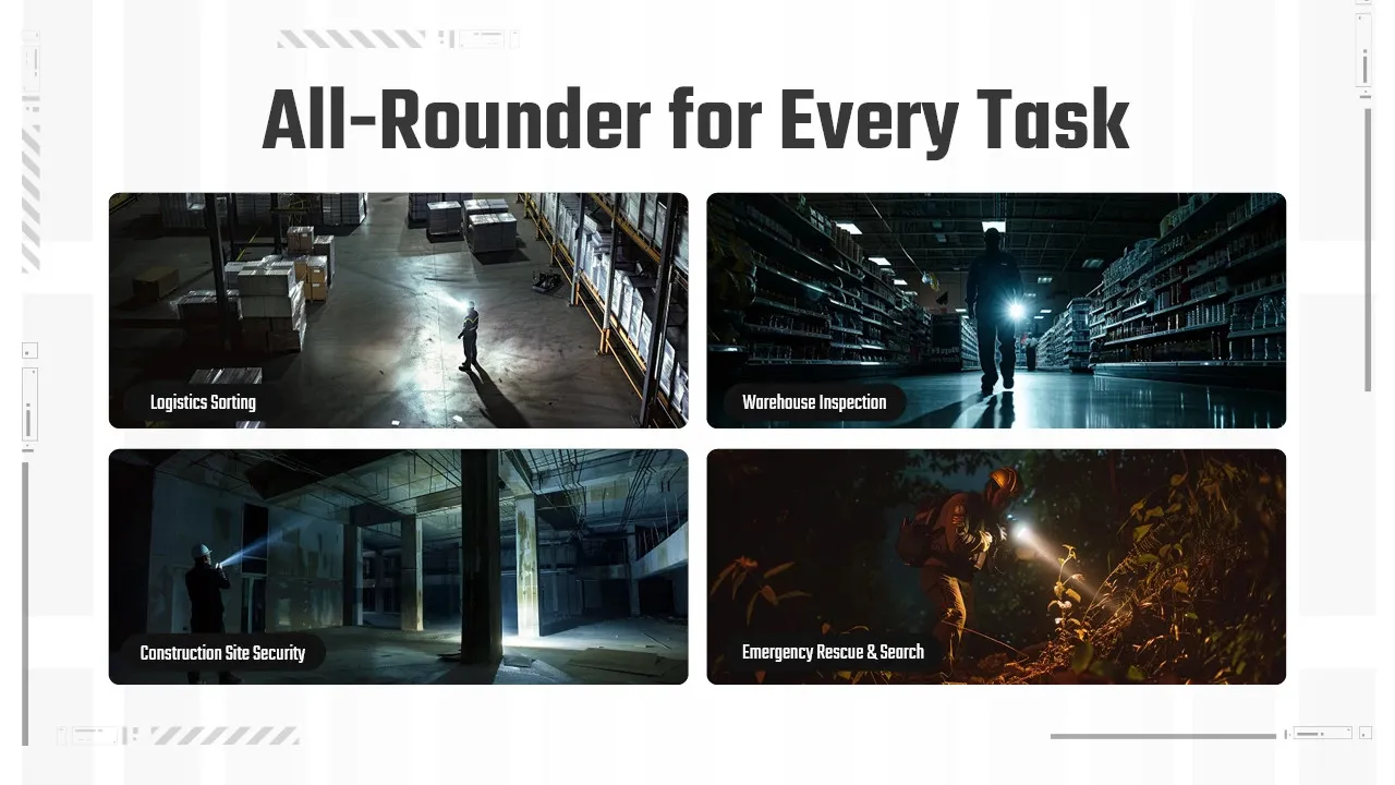 Four images showing the Nitecore EDC07 flashlight used for logistics, warehouse inspection, construction security, and emergency rescue.