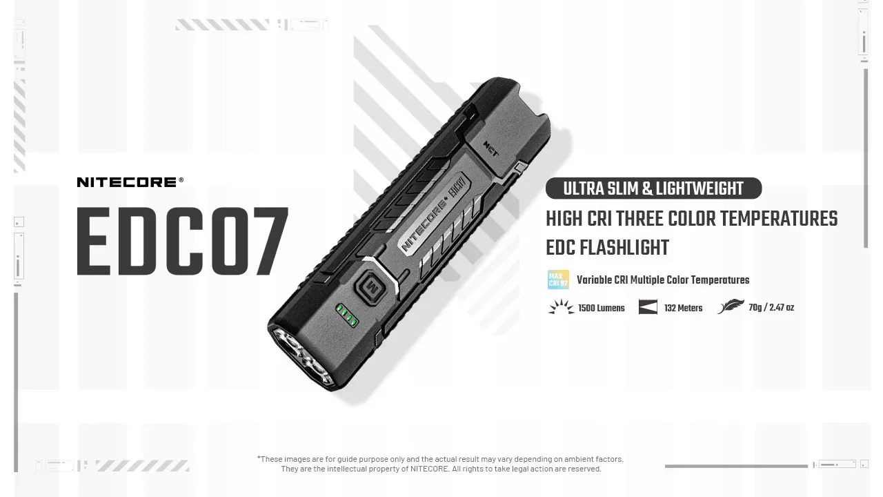 Nitecore EDC07 ultra-slim, lightweight EDC flashlight with high CRI three color temperatures, 1500 lumens, and 132 meters reach.