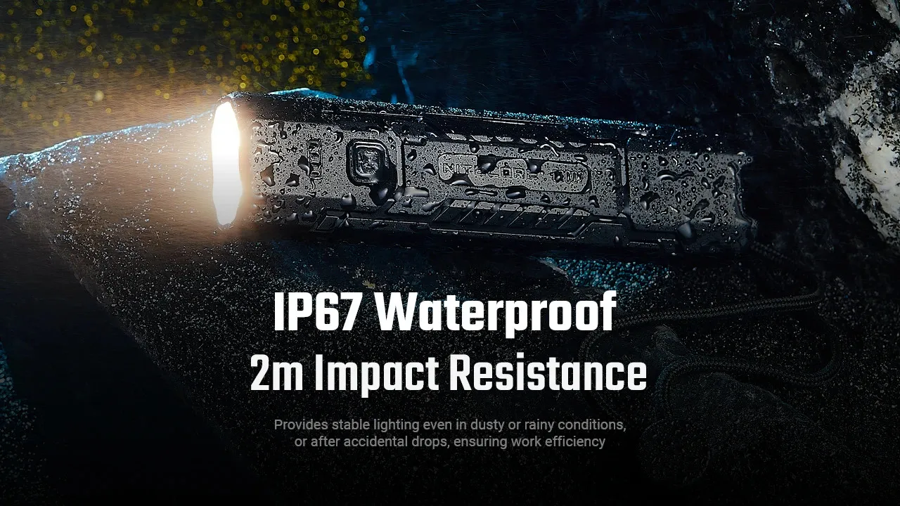 Nitecore EDC07 flashlight covered in water droplets, demonstrating its IP67 waterproof and 2m impact resistance.