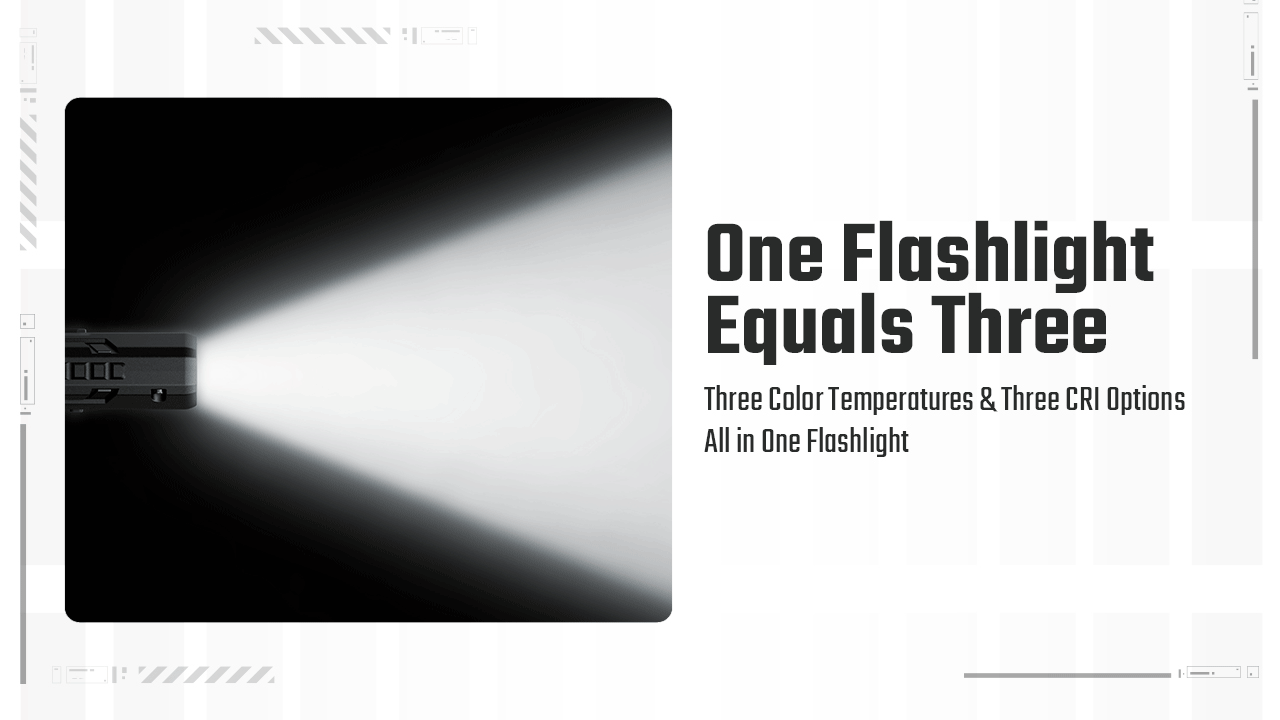 Nitecore EDC07 flashlight beam, illustrating its ability to provide three color temperatures and CRI options in one device.