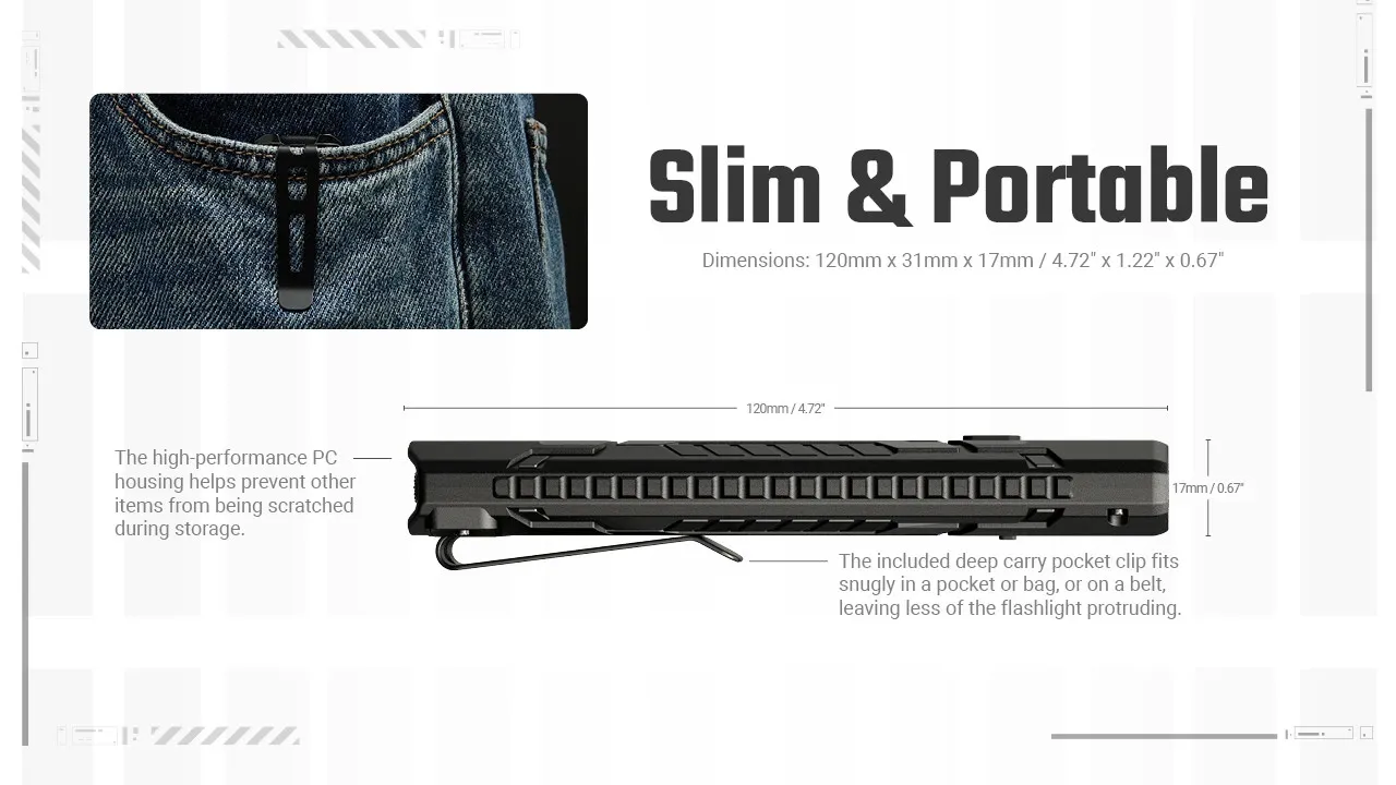 Nitecore EDC07 flashlight dimensions (120mm x 31mm x 17mm) and deep carry pocket clip on jeans, showing its slim portability.