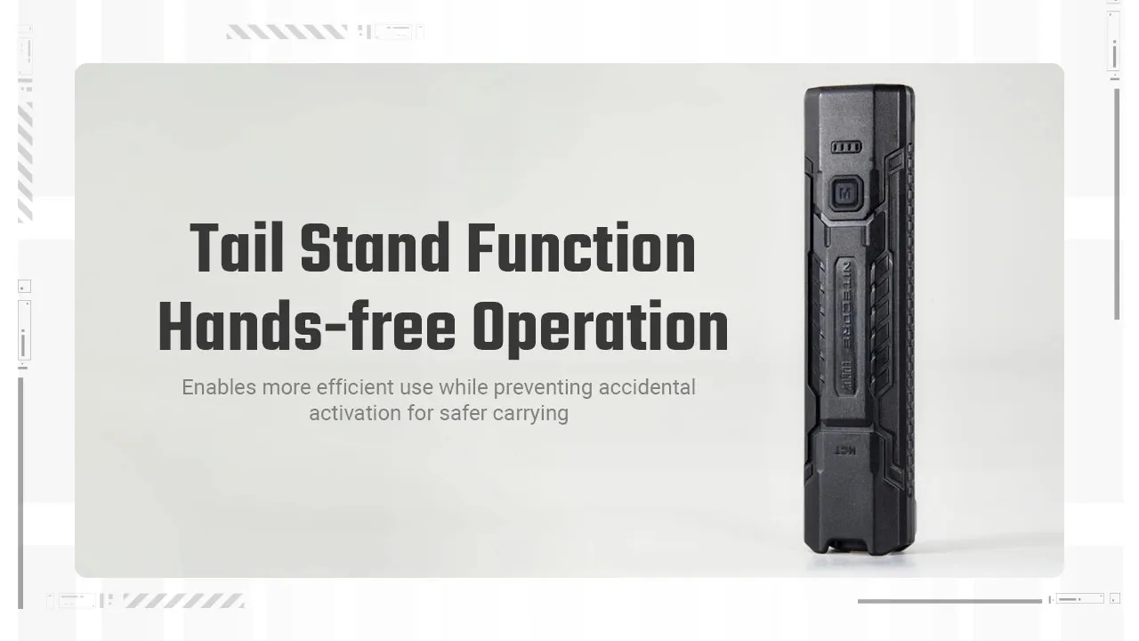 Nitecore EDC07 flashlight standing upright, demonstrating its tail stand function for convenient hands-free operation.