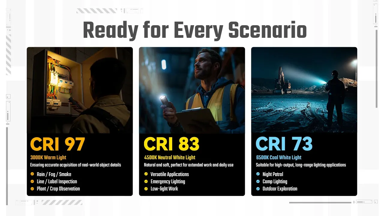 Three scenarios showing Nitecore EDC07's CRI 97 warm, CRI 83 neutral, and CRI 73 cool white light for various tasks.