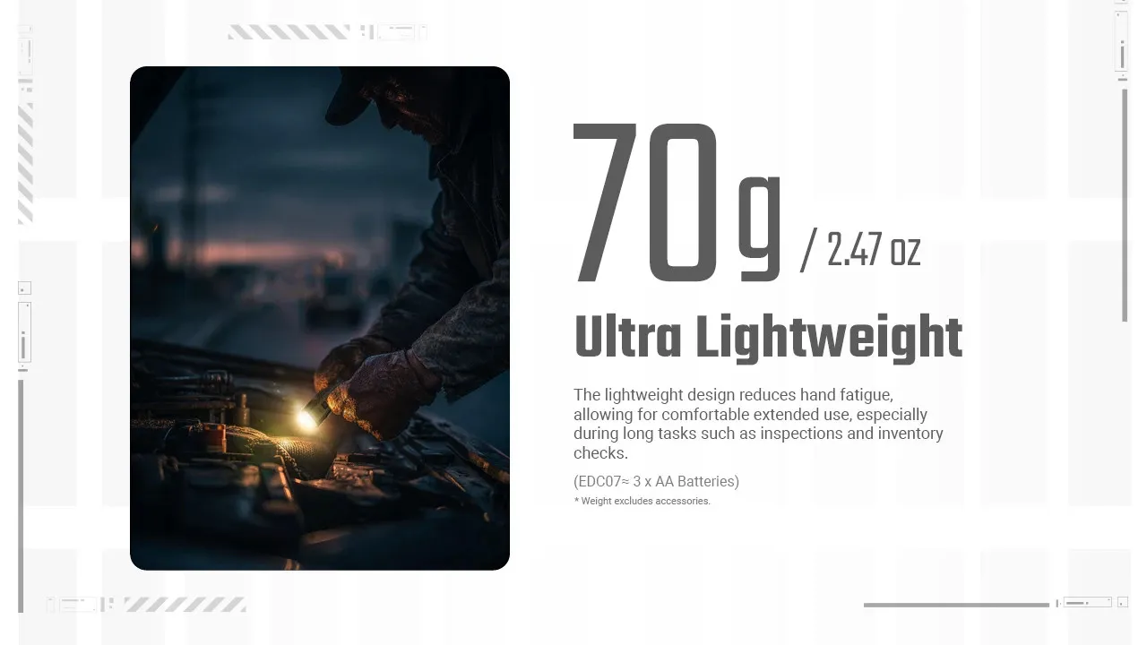 Person using the Nitecore EDC07 flashlight to illuminate an engine, highlighting its 70g ultra-lightweight design.