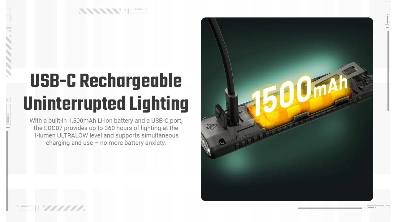 Nitecore EDC07 flashlight charging via USB-C, showing its 1500mAh built-in Li-ion battery for uninterrupted lighting.