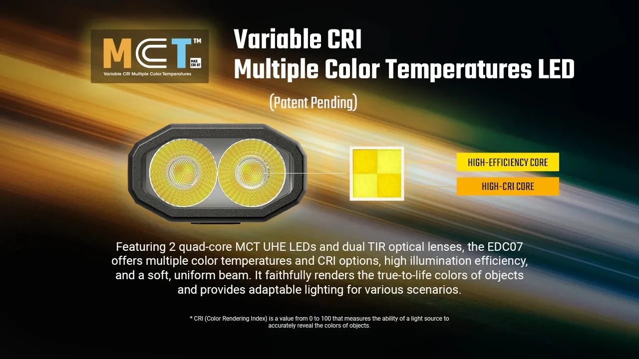 Close-up of Nitecore EDC07's dual quad-core MCT UHE LEDs and TIR optical lenses, explaining variable CRI technology.