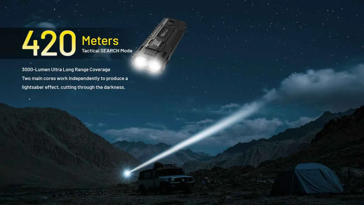Nitecore EDC37 8000 Lumen USB-C Rechargeable Flat EDC Torch illuminating 420 meters in tactical search mode outdoors.