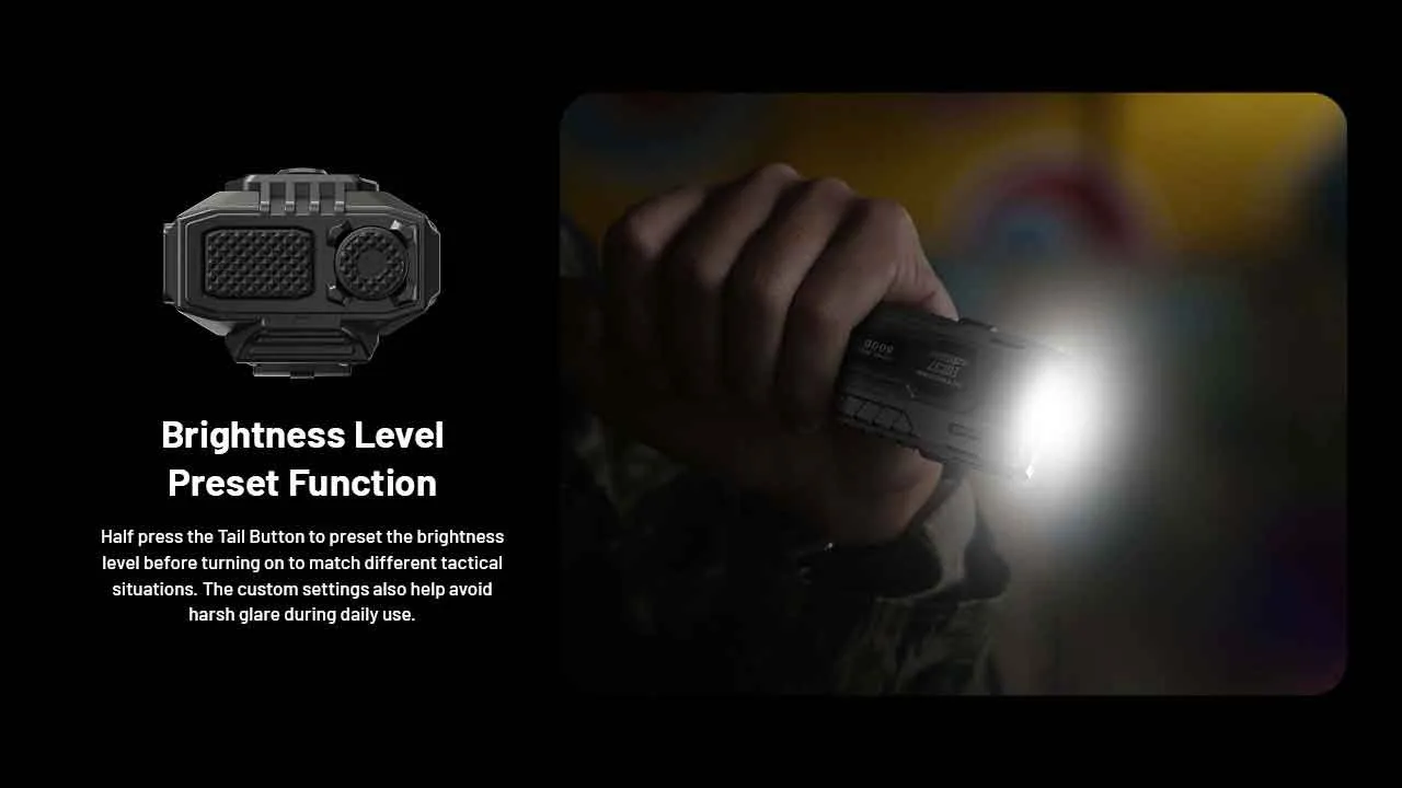 Nitecore EDC37 8000 Lumen USB-C Rechargeable Flat EDC Torch in hand demonstrating brightness level preset function.