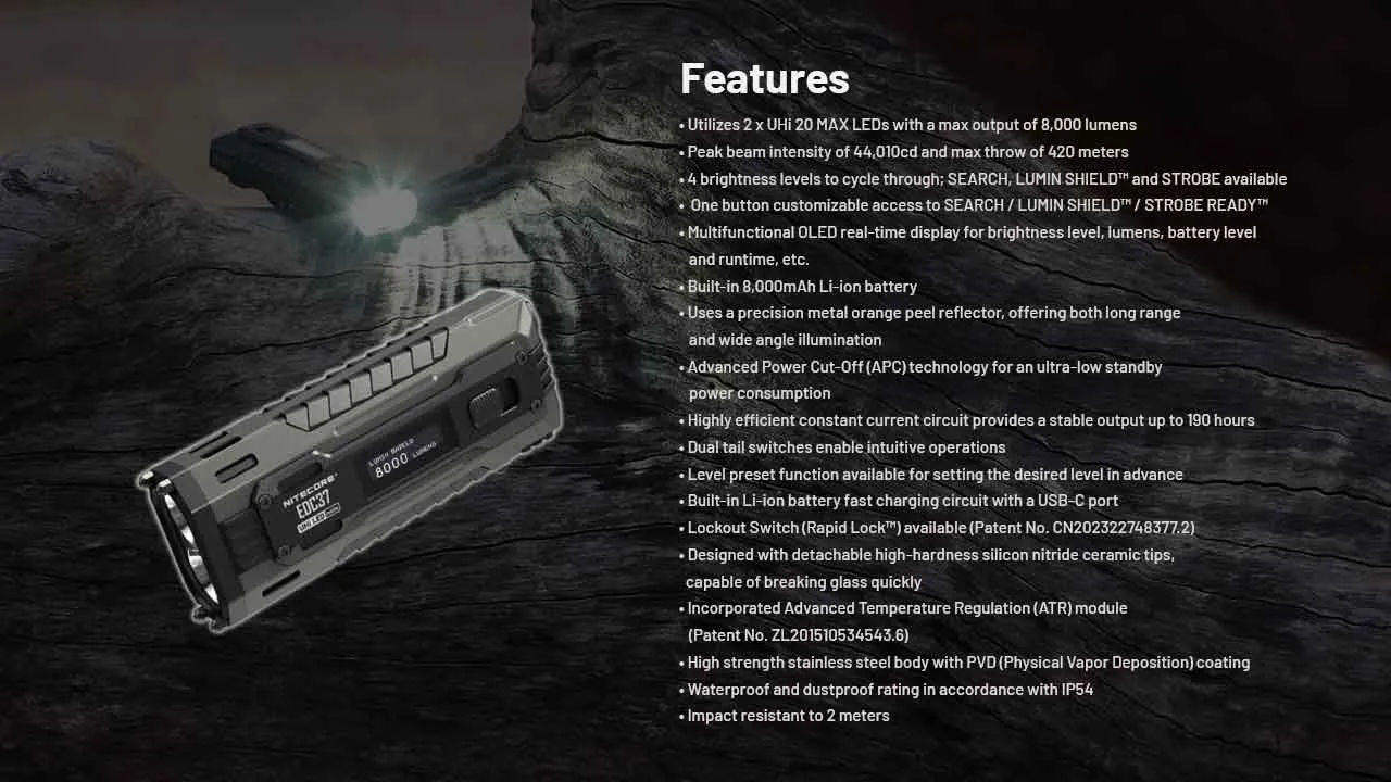 Nitecore EDC37 8000 Lumen USB-C Rechargeable Flat EDC Torch displaying its key features and specifications.