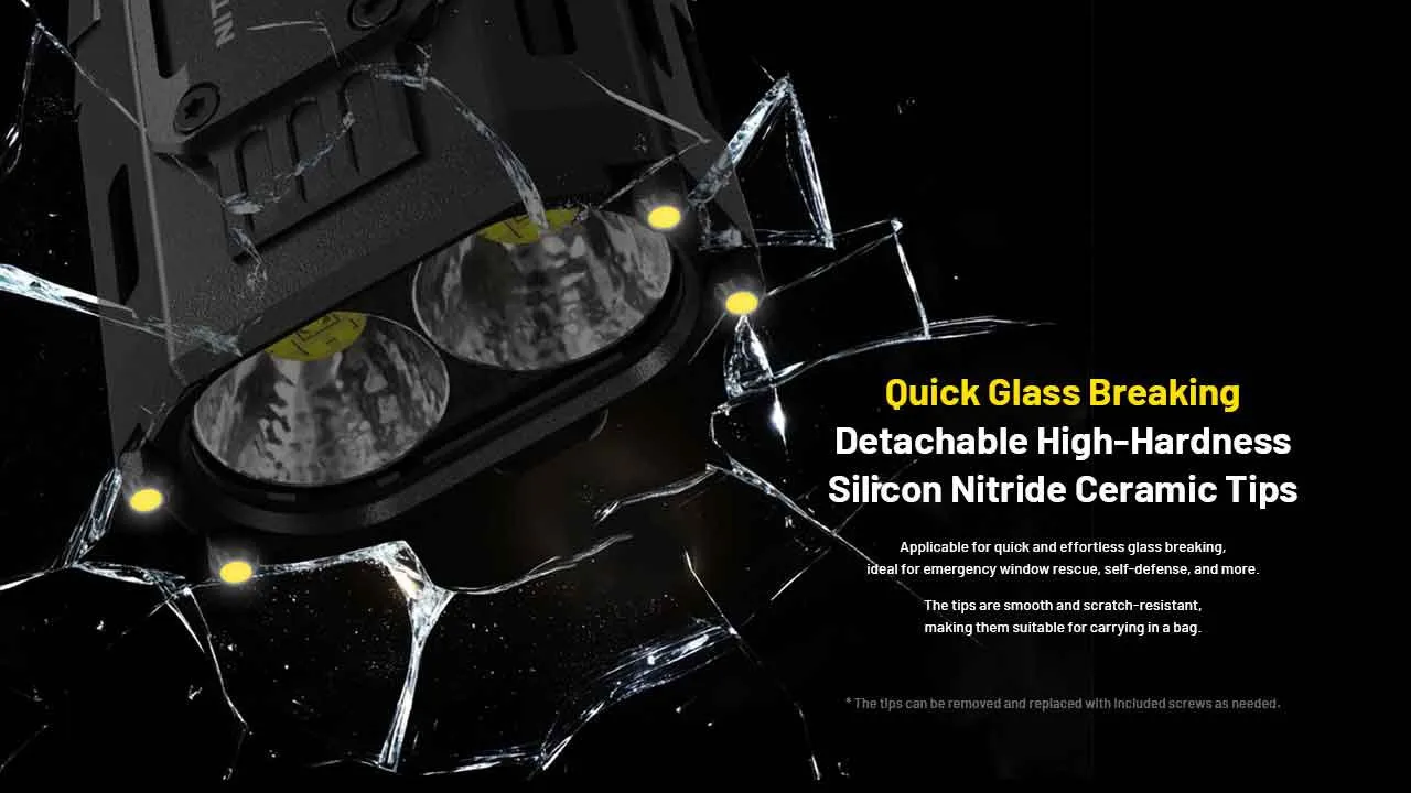 Nitecore EDC37 8000 Lumen USB-C Rechargeable Flat EDC Torch showing glass breaking with detachable ceramic tips.