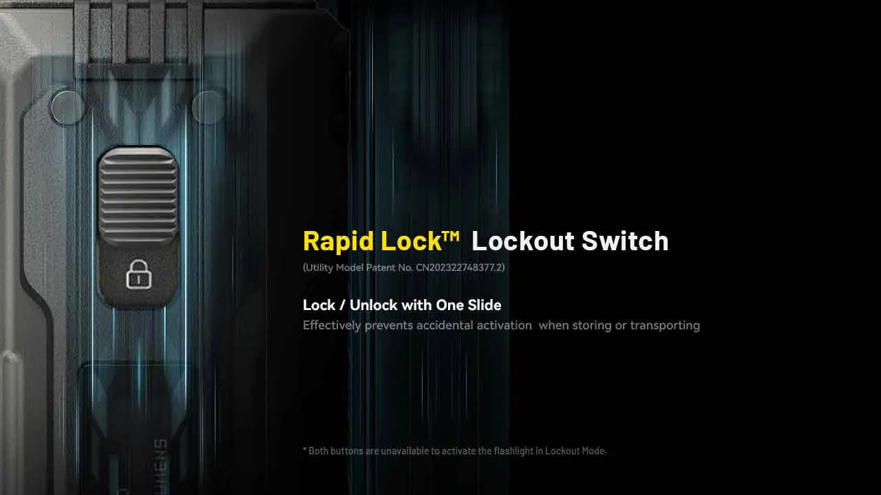 Close-up of the Nitecore EDC37 8000 Lumen USB-C Rechargeable Flat EDC Torch showing the Rapid Lock lockout switch.