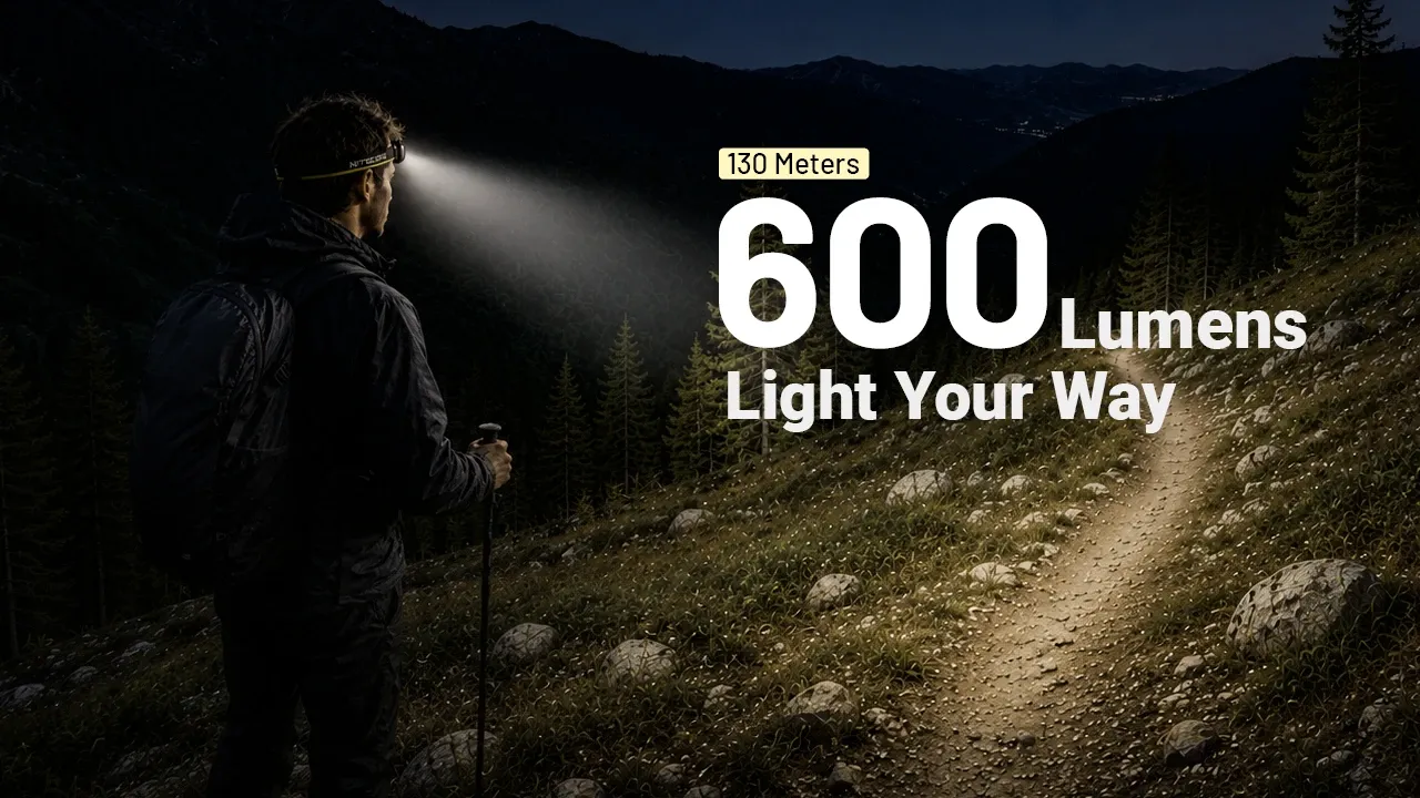 Nitecore HA19 headlamp illuminating a hiking trail at night with a 600 lumens beam reaching 130 meters.