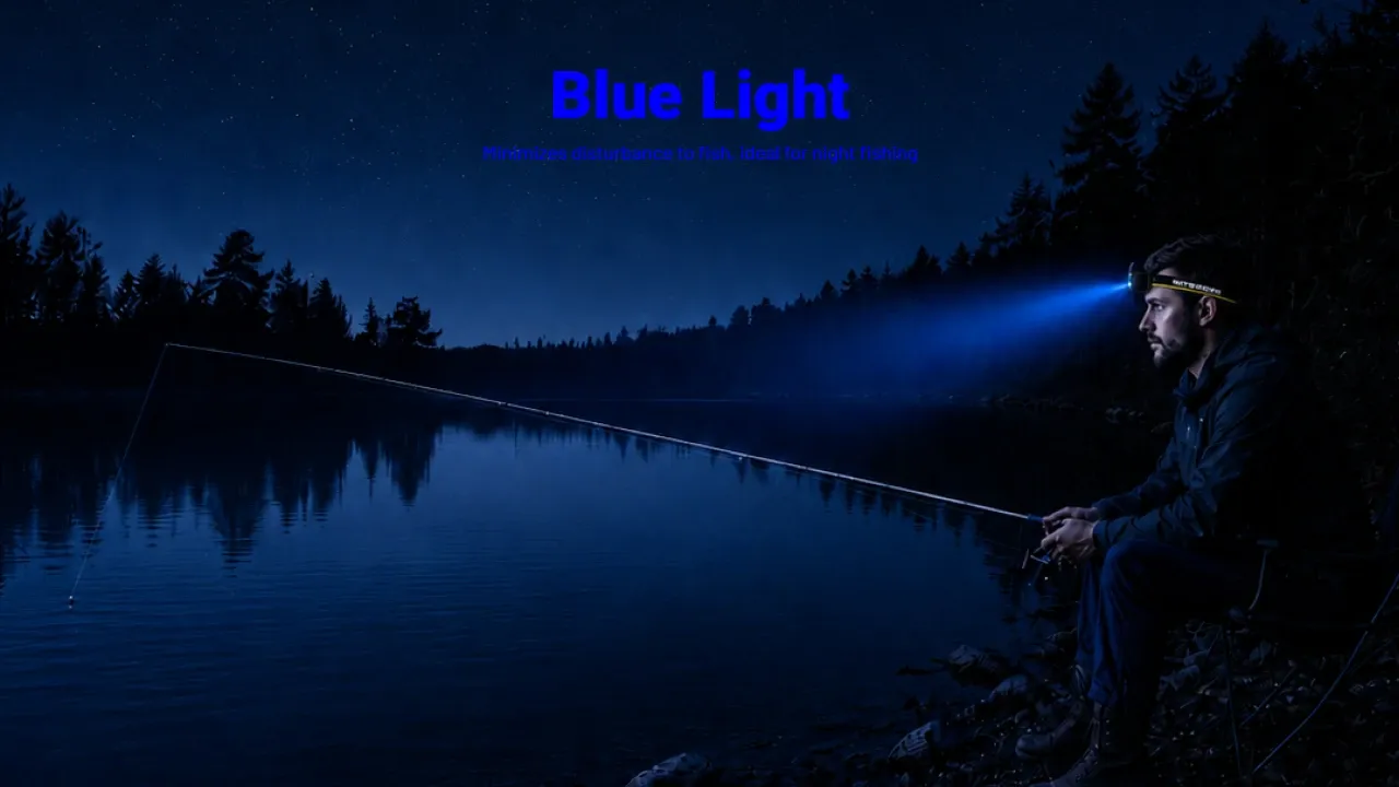 Nitecore HA19 headlamp emitting blue light, used by a person fishing by a lake at night, minimizing disturbance to fish.