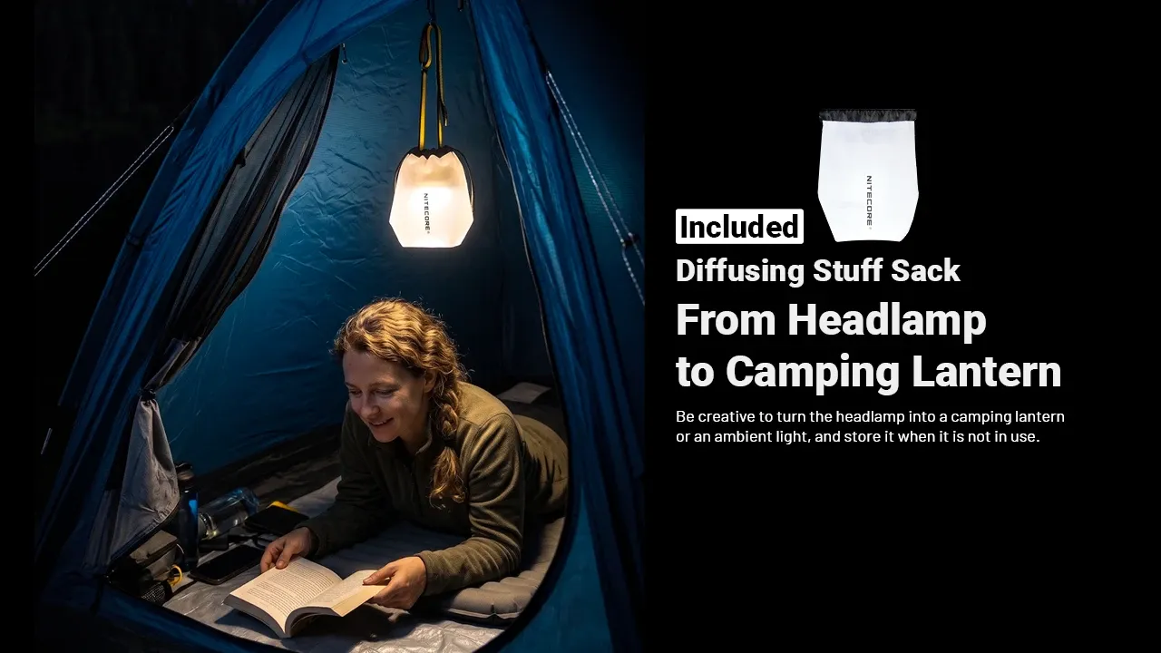 Nitecore HA19 headlamp used with a diffusing stuff sack, transforming into a camping lantern inside a tent.