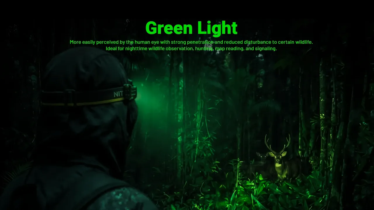 Nitecore HA19 headlamp emitting green light, used by a person observing a deer in a dark forest for wildlife observation.