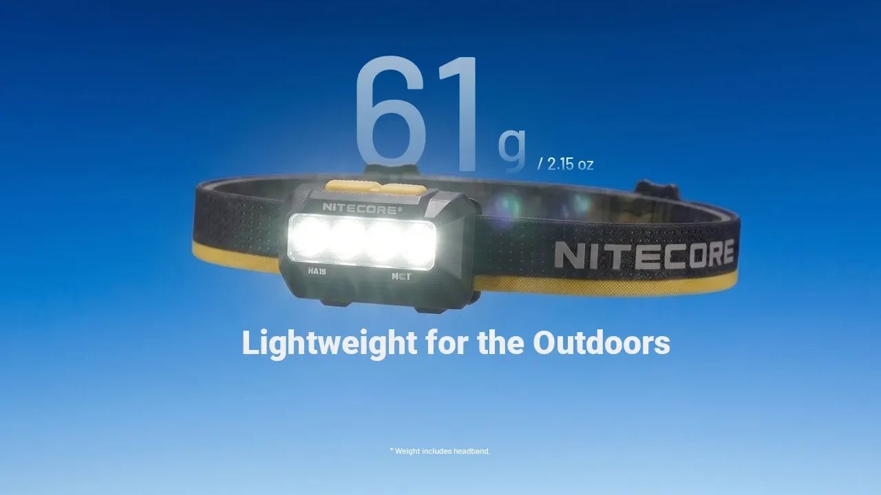 Nitecore HA19 headlamp showcasing its lightweight design, weighing only 61g (2.15 oz) for outdoor use.