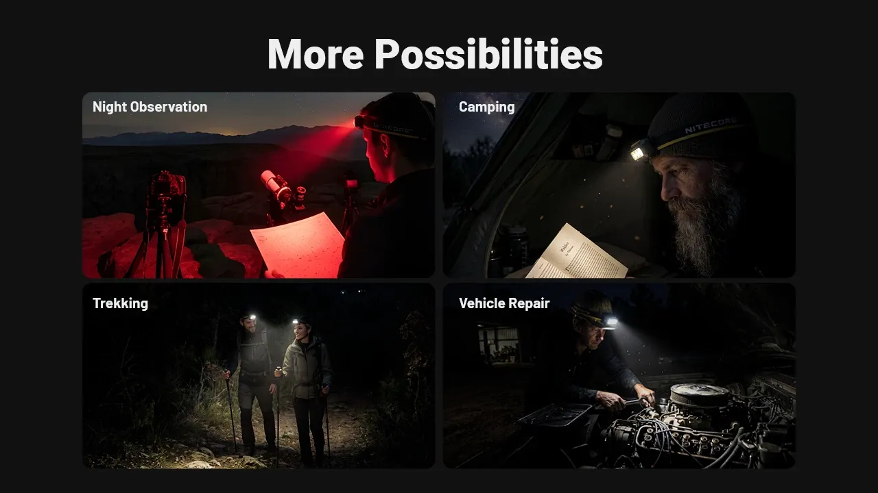 Nitecore HA19 headlamp in four scenarios: night observation, camping, trekking, and vehicle repair.