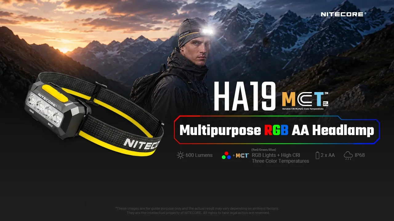 The Nitecore HA19 multipurpose RGB AA headlamp with a person wearing it in mountains at sunset.