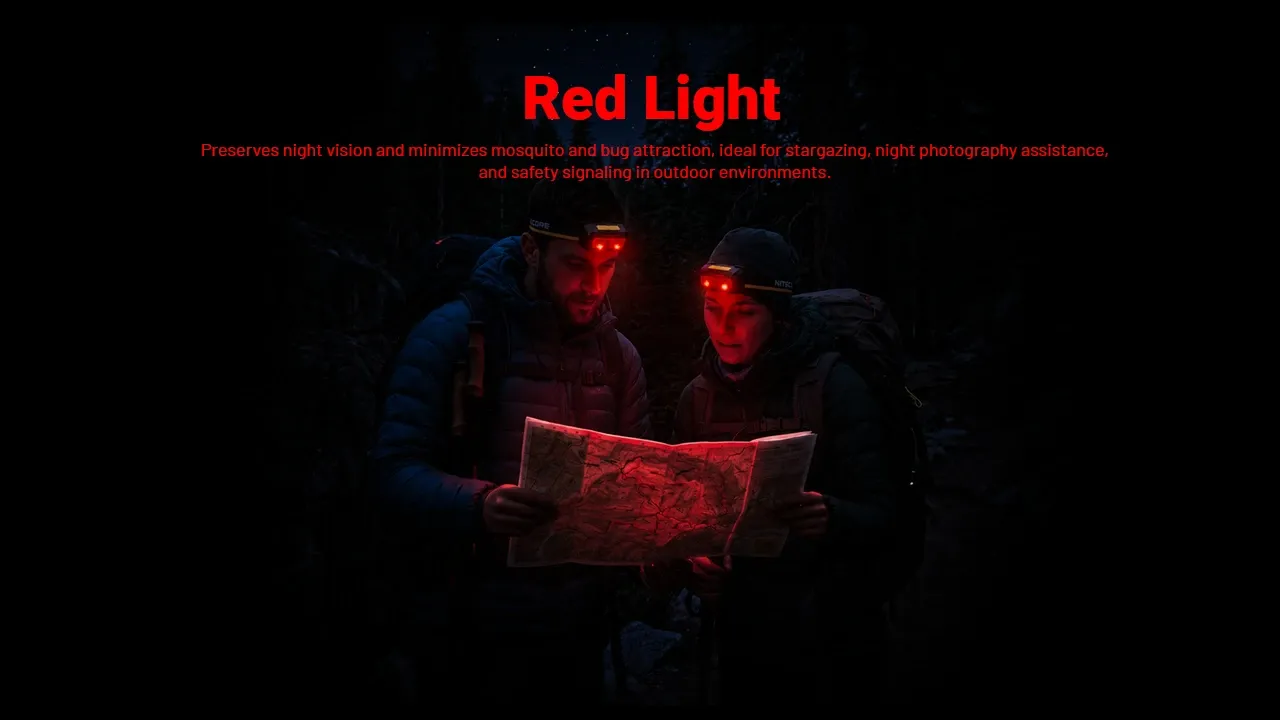 Nitecore HA19 headlamps emitting red light, used by two people reading a map in a dark forest to preserve night vision.