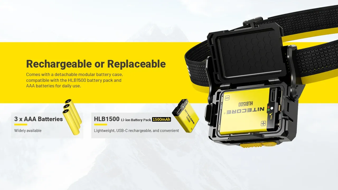 Nitecore HA29UHE battery compartment open, showing HLB1500 battery pack and AAA battery compatibility.