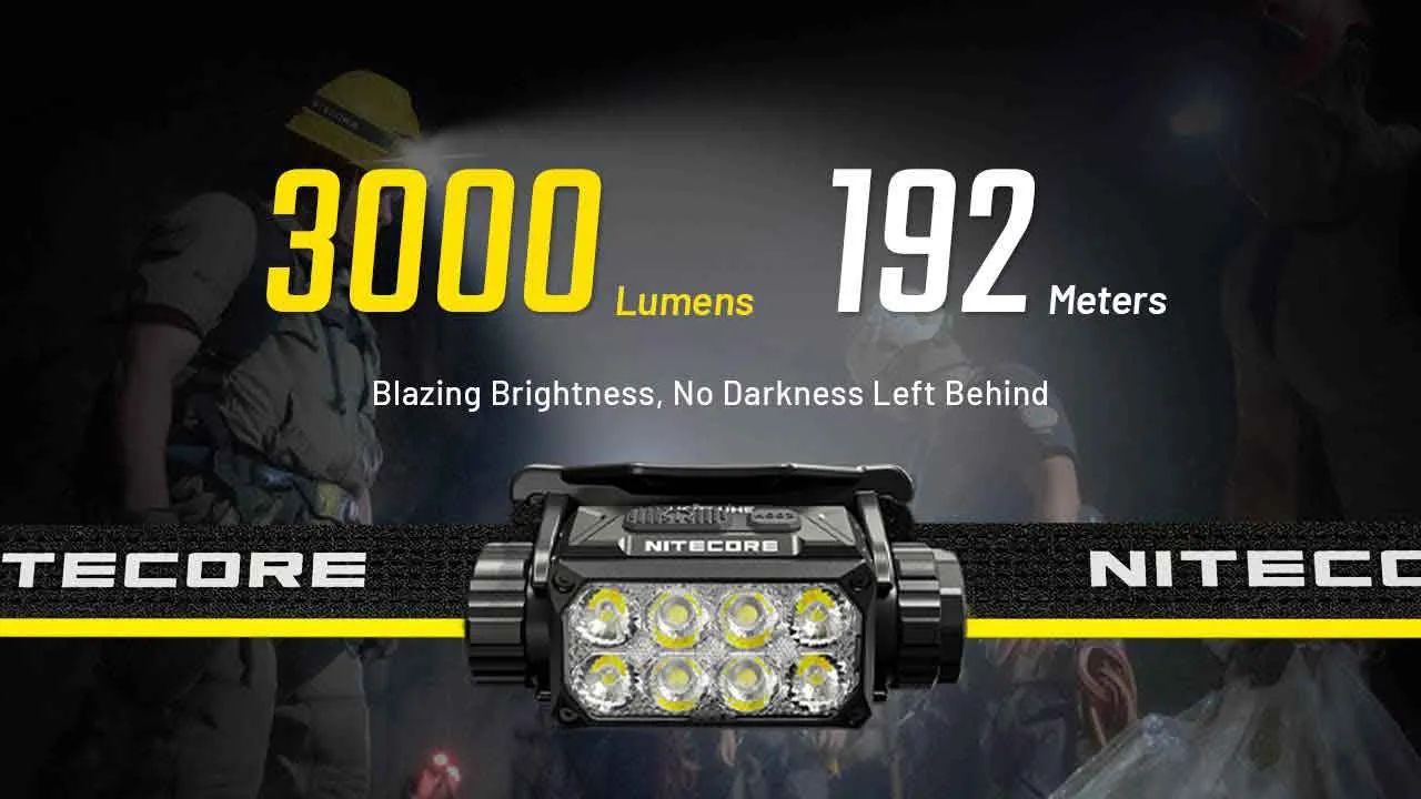 Nitecore HC75 UHE 3000 Lumen USB-C Rechargeable Headlamp highlighting its 3000 lumens brightness and 192 meters beam range.