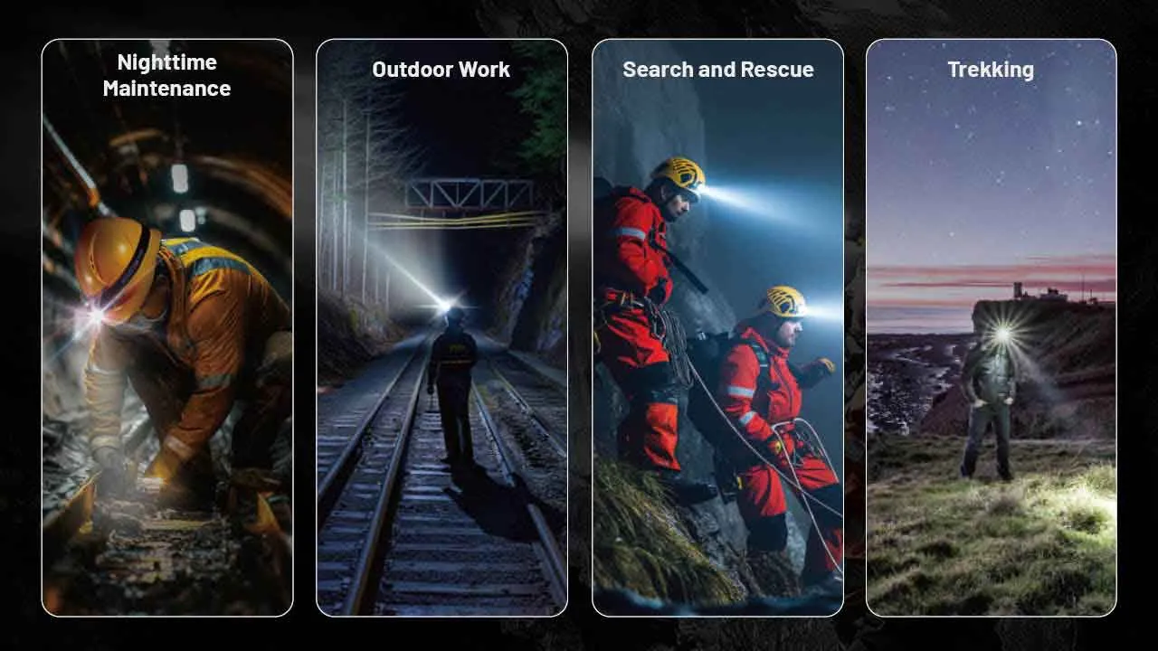 Nitecore HC75 UHE 3000 Lumen USB-C Rechargeable Headlamp in various use scenarios: maintenance, outdoor work, rescue, trekking.