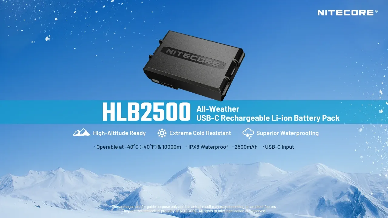 Nitecore HLB2500 all-weather USB-C rechargeable Li-ion battery pack floating above snowy mountains.