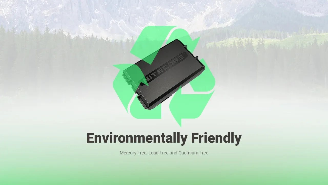 Nitecore HLB2500 battery pack with a green recycling symbol, highlighting its eco-friendly design.