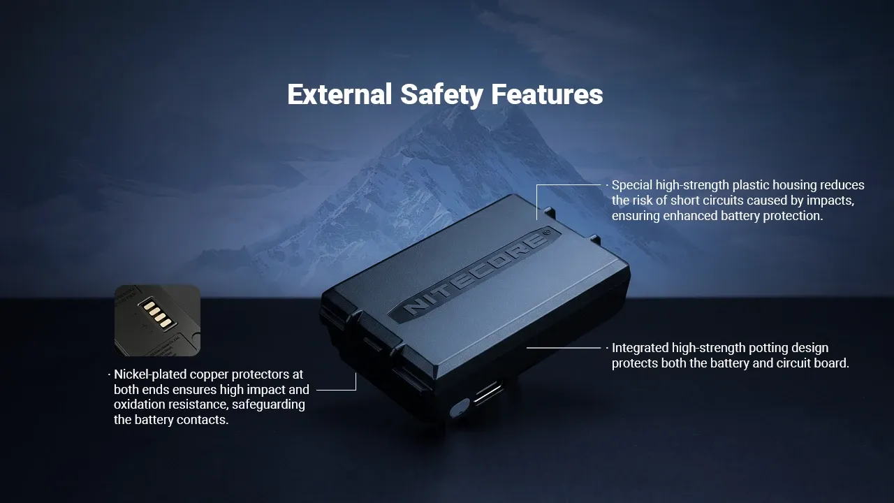 Nitecore HLB2500 battery pack showcasing external safety features like housing and copper protectors.