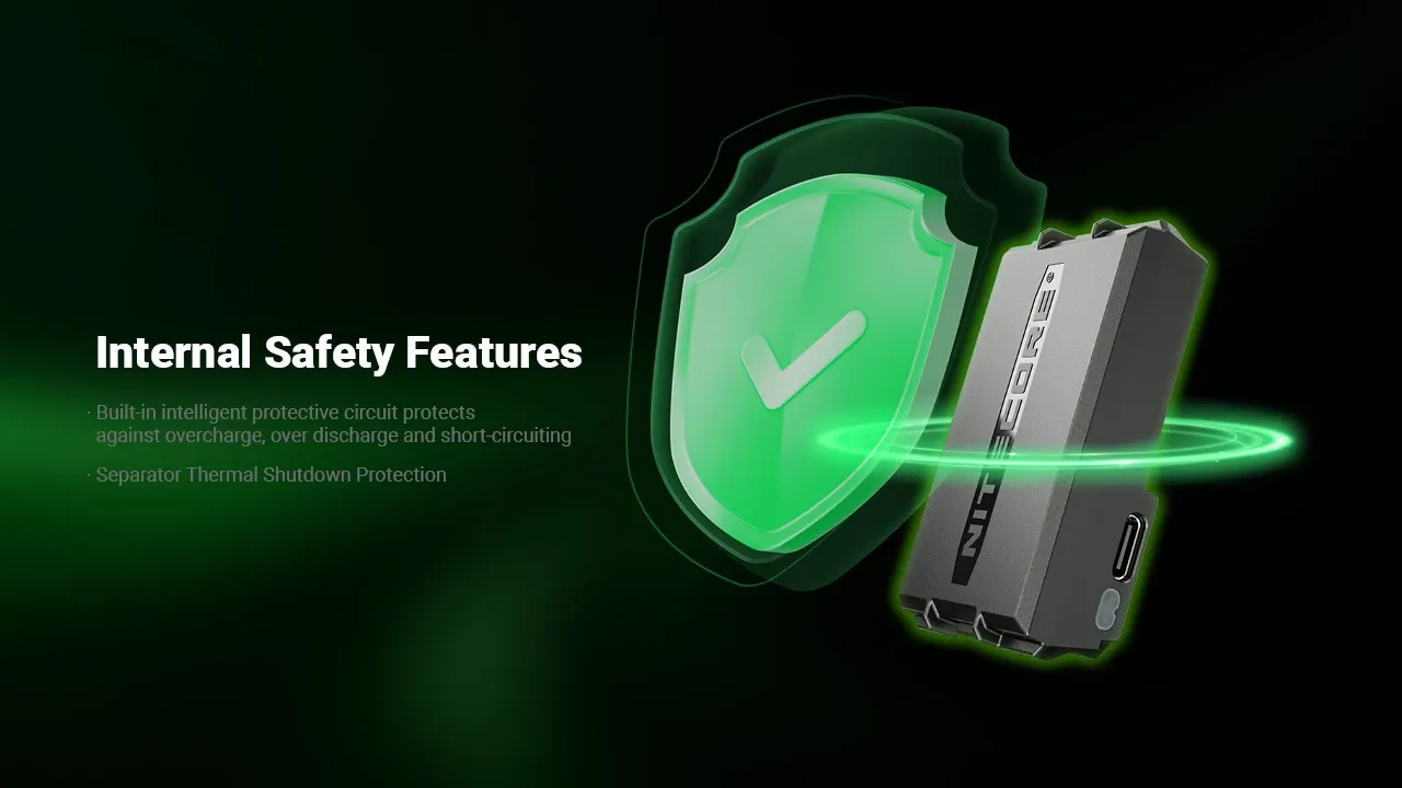 Nitecore HLB2500 battery pack with a green shield icon, highlighting internal safety features.