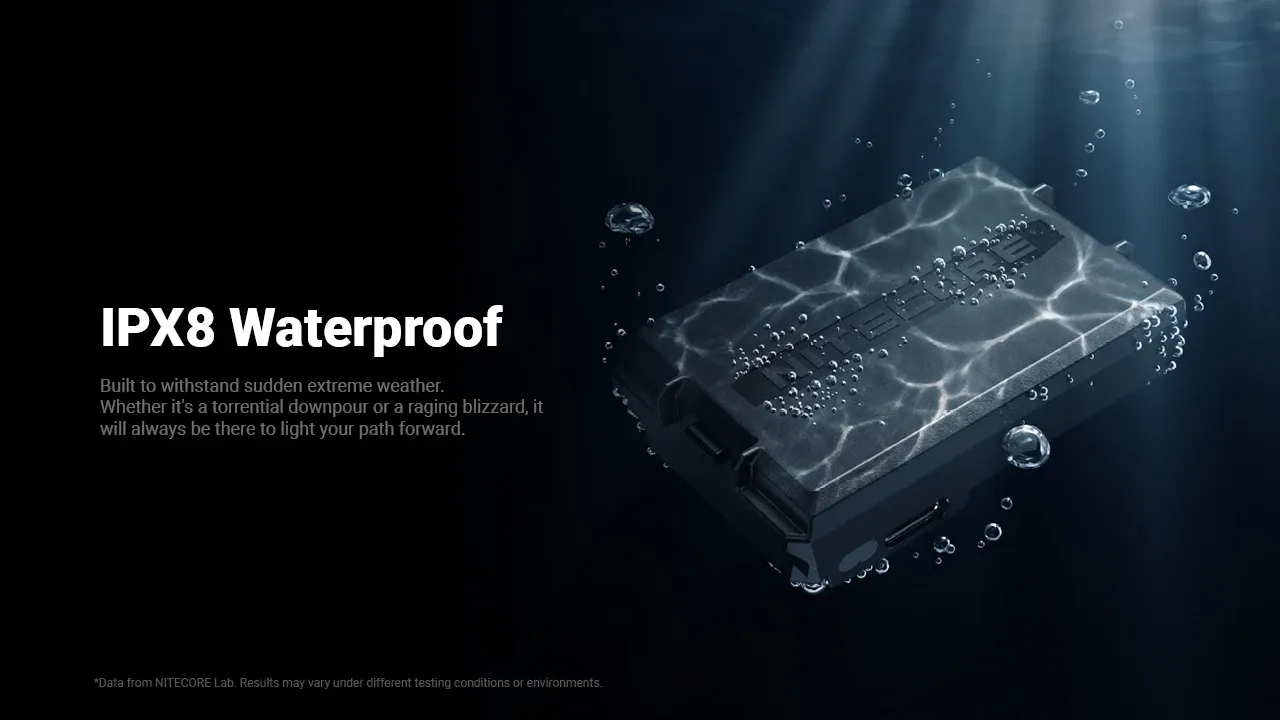 Nitecore HLB2500 battery pack submerged in water with bubbles, showcasing IPX8 waterproof rating.
