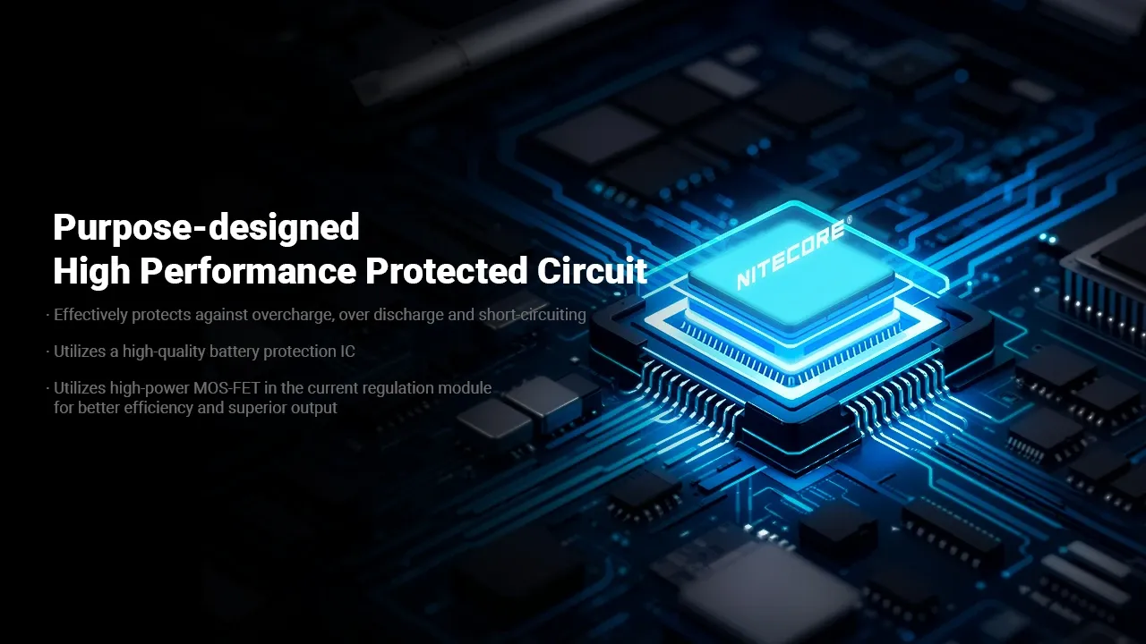Nitecore HLB2500 high performance protected circuit board with glowing blue lines and Nitecore logo.