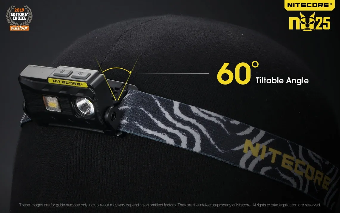 Nitecore NU25 Multi-light 360 lumen lightweight rechargeable LED headlamp showing its 60° tiltable angle.