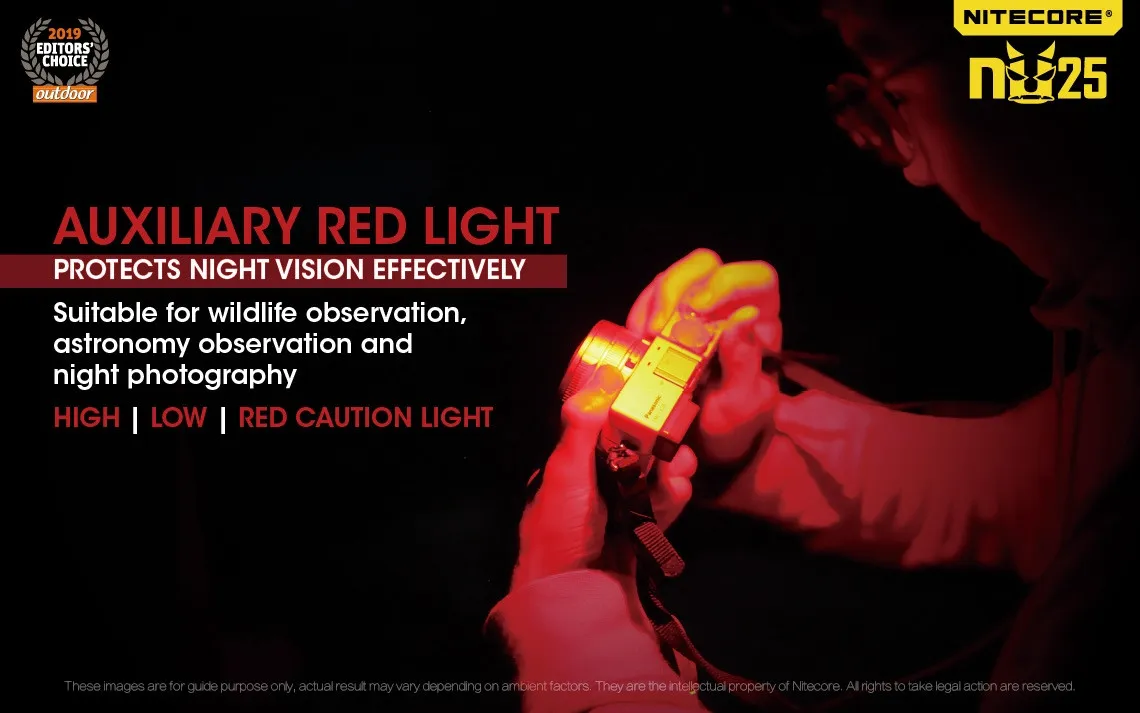 Nitecore NU25 Multi-light 360 lumen lightweight rechargeable LED headlamp's auxiliary red light protecting night vision.