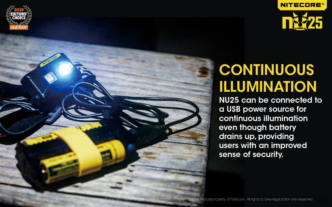 Nitecore NU25 Multi-light 360 lumen lightweight rechargeable LED headlamp connected to a power bank for continuous illumination.