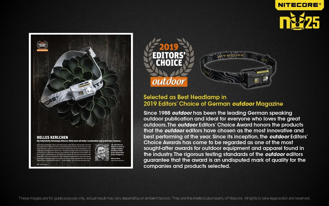 Nitecore NU25 Multi-light 360 lumen lightweight rechargeable LED headlamp with 2019 Editors' Choice outdoor award.