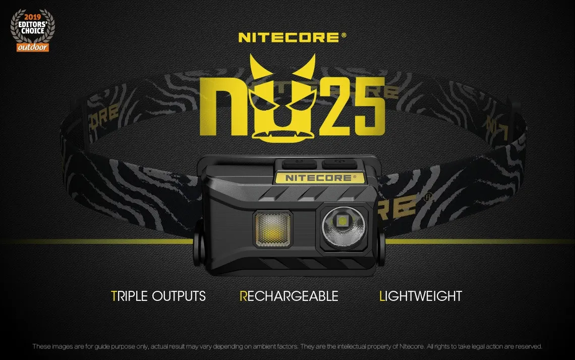 Nitecore NU25 Multi-light 360 lumen lightweight rechargeable LED headlamp showing triple outputs, rechargeable, and lightweight features.
