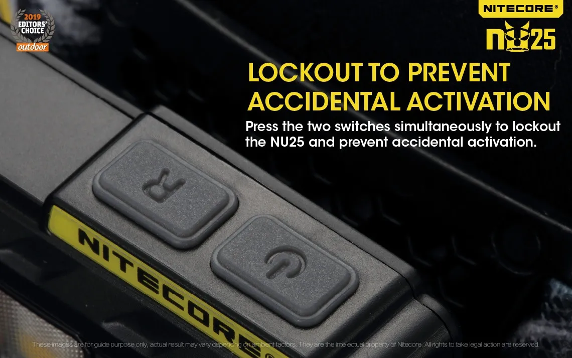 Nitecore NU25 Multi-light 360 lumen lightweight rechargeable LED headlamp buttons for lockout to prevent accidental activation.